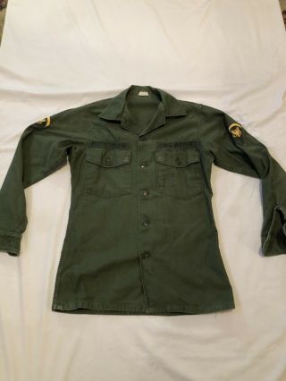 Vtg 70s Vietnam Og - 107 Sateen Us Army Uniform Shirt Mens Small 14.  5x33 Patched