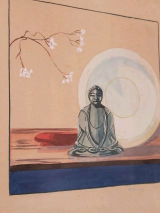 R.  Willis 1935 Buddha Signed Gouache Painting Modern Artwork