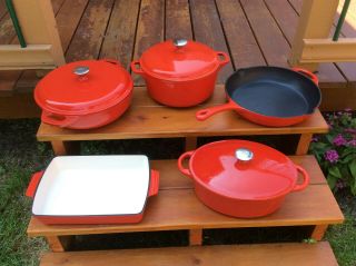 Set Of 5 Red Enamel Cast Iron Pans Dutch Oven,  Saute Pan,  Frying Pan,  Baking