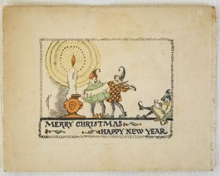 Antique Christmas And Year Greeting Card - Mummers Jesters,  Candle