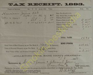 Vintage Tax Receipt 1893 Boone County Arkansas Harrison Jones
