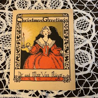 Vintage Greeting Card Christmas Girl Candle Art Deco