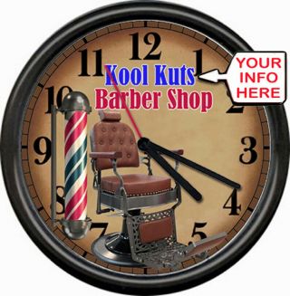 Personalized Name Retro Vintage Barber Shop Brown Chair Pole Sign Wall Clock