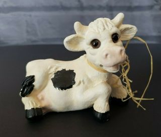 Figurine Farm Animal Calf Cow Black White Laying Down Statue Holstein Glass Eyes