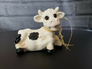Figurine Farm Animal Calf cow Black White Laying Down Statue Holstein glass eyes 2