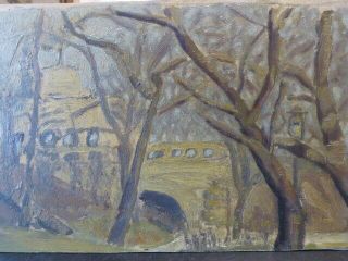 Vintage WPA era impressionist oil painting on wood board park scene 2