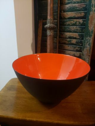 Krenit Denmark Vintage Bowl Black & Orange Enamel 10 " Size Herbert Krenchel Mcm