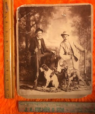 1870’s ? 8x10 Cabinet Photo 2 Hunters W/rifles/shotguns & Hunting Dogs In Woods