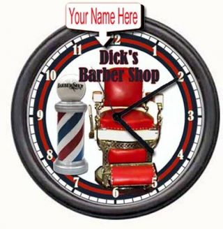 Personalized Name Barber Shop Retro Vintage Red Chair Pole Sign Wall Clock