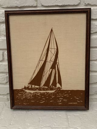 Authentic Vintage Sail Boats Marushka Silk Screen Stretched Art Print Wood Frame