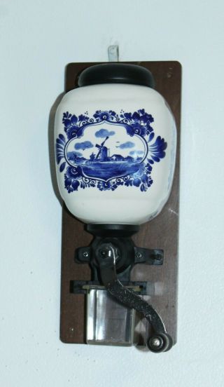 Vintage Wall Mounted Delft Ware Hand Painted Porcelain Coffee Grinder By Elesva