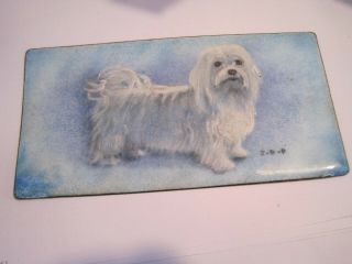 Maltese Dog Copper Enameled Plaque W/painted Artwork - Signed