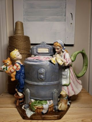 Washing Machine Teapot - Ceramic Figurine Woman Boy Cat - Collectors