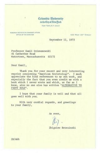 Zbigniew Brzezinski Signed Letter 1973 / Autographed Us Diplomat