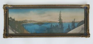 1920s Vtg Hand Tinted Photograph Monumental Crater Lake Panorama Sculpted Frame