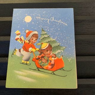 Vintage Greeting Card Christmas Sled Ice Skating Bear