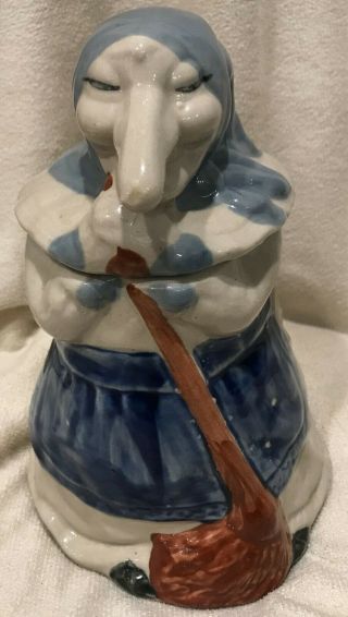 Vntg Baba Yaga Good Luck Kitchen Witch Cookie Jar Canister 8.  5” Rare Blue