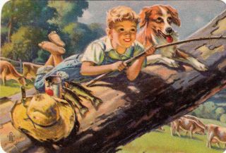 1 Playing Swap Card Us B/back Lithograph Boy & His Dog Fishing Cows Farm - 1950s