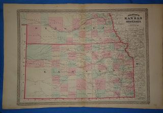 Vintage 1868 Nebraska Territory - Kansas Map Old Antique Tlas Map