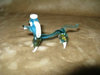 Vtg Murano? Miniature Hand Blown Glass Dachshund 3 - 1/2 " Aqua Blue White Floral