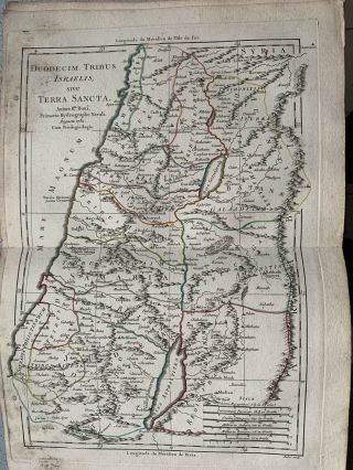 1781 Israel Holy Land Hand Coloured Map By Rigobert Bonne Over 235 Years Old