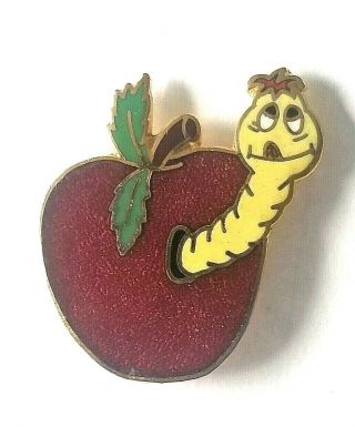 Animated Worm In Red Apple Lapel Pin Gold Tone Enamel Pin