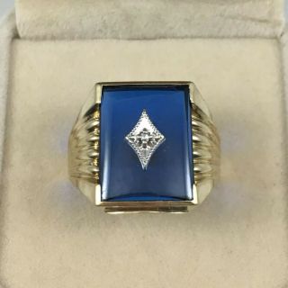 Vintage Men’s 10k Yellow Gold Blue Stone Ring With Diamond 9.  75