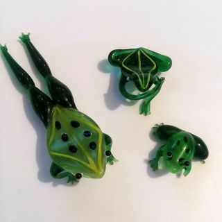 Set Of 3 Vintage Blown Green Glass Frogs Figurines