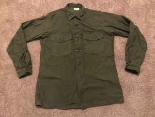 Vintage Vietnam Era Us Army Og 107 Sateen Cotton Utility Shirt 15.  5x33