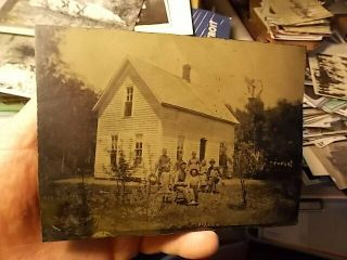 Victorian Tintype Photo,  Outdoor Scene,  Family & Country House,  Local Unknown