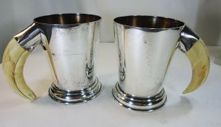Pair Vintage Phv & Co England Silver Plated Boar Tusk Handle Tankard Mug Vogel