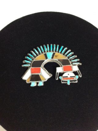 Vintage Zuni Rainbow Man Yei Pin - Sterling Silver Inlaid & Needlepoint Stones