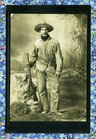 1880s 90s Frontiersman Hunter Scout Cowboy With Lever Action Shotgun Cab Photo