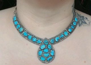 Vtg J.  W.  Tom Navajo Turquoise Squash Blossom Sterling Silver 925 Necklace