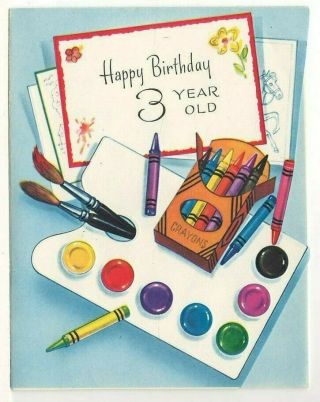 Vintage – Happy Birthday 3 Year Old – Colorful Crayons & Paint Palette
