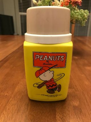Vintage Peanuts Charlie Brown Yellow 8 Oz.  Thermos 1950 Schulz Baseball Orange