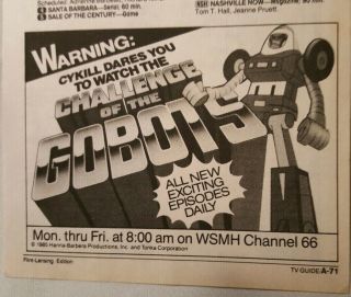 Tv Guide Ad =) 1985 Challenge Of The Gobots =) Wsmh =) Hanna Barbara =) Cykill