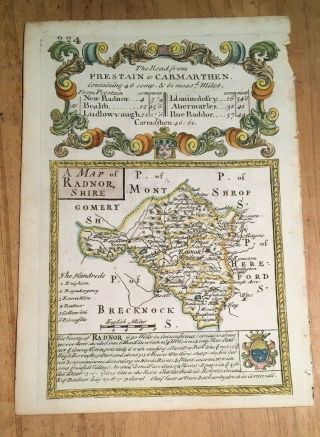 Bowles 1720 Handcoloured Map Of Radnorshire Britannia Depicta 20x14cm