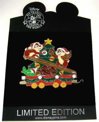 Rare Le 150 Disney Pin✿ Chip & Dale Christmas Tree Santa Hat Holiday Train