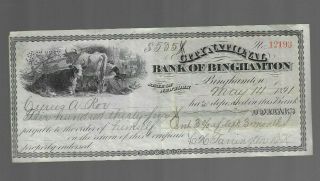 Vintage Bank Of Binghamton Ny City National Check 1891 Cows Vignette Cyrus Roe