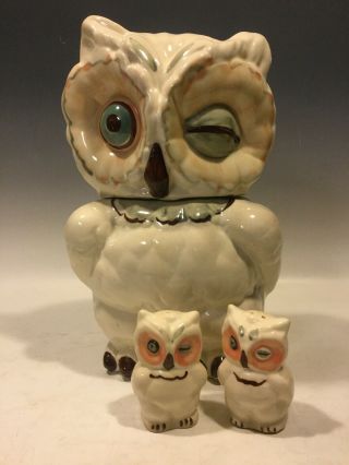 Vintage Shawnee Pottery Winking Owl Cookie Jar & Shakers Set 1940 