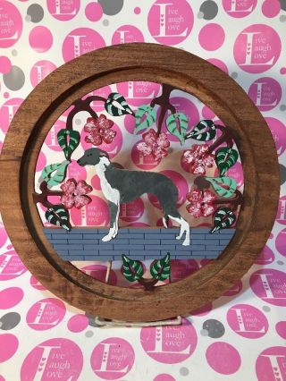 Folk Art Dog (italian Greyhound) Handmade Wood Cut 10.  25 " Circular Plaque -