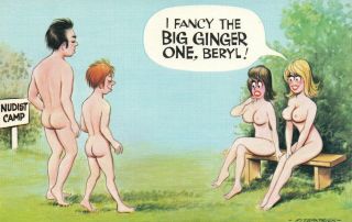 Rude Risque Comic Bamforth Nudist Camp Ladies Checking Men Postcard -