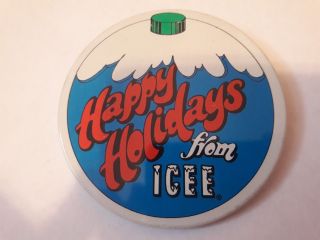 Vtg Pinback Button Happy Holidays From Icee Advertising Christmas Xmas Ornament