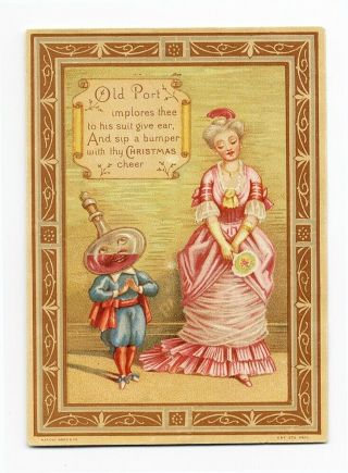 Old Port Bottle Head Person Victorian Woman Christmas Greeting Card 1880 