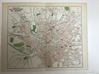 1893 Old Antique Colour Map,  Street Plan Of Manchester & Salford,  Railway,  Canal
