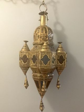 30.  5” Magnificent Vintage Moroccan Light Brass Filigree Chandelier Color Glass