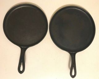 Antique Gate Mark 7 & 8 Cast Iron Shallow Skillet Griddles With Fancy Handles 3