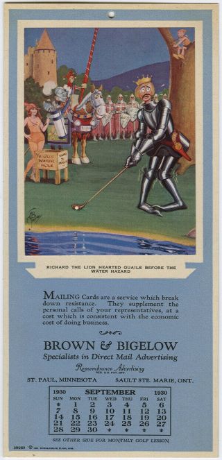 Vintage 1930 B&b Archives Advertising Calendar Sample Richard The Lion Golfing