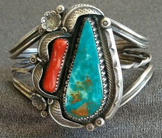 Vintage Large Navajo Royston Turquoise Red Coral Sterling Silver Cuff Bracelet